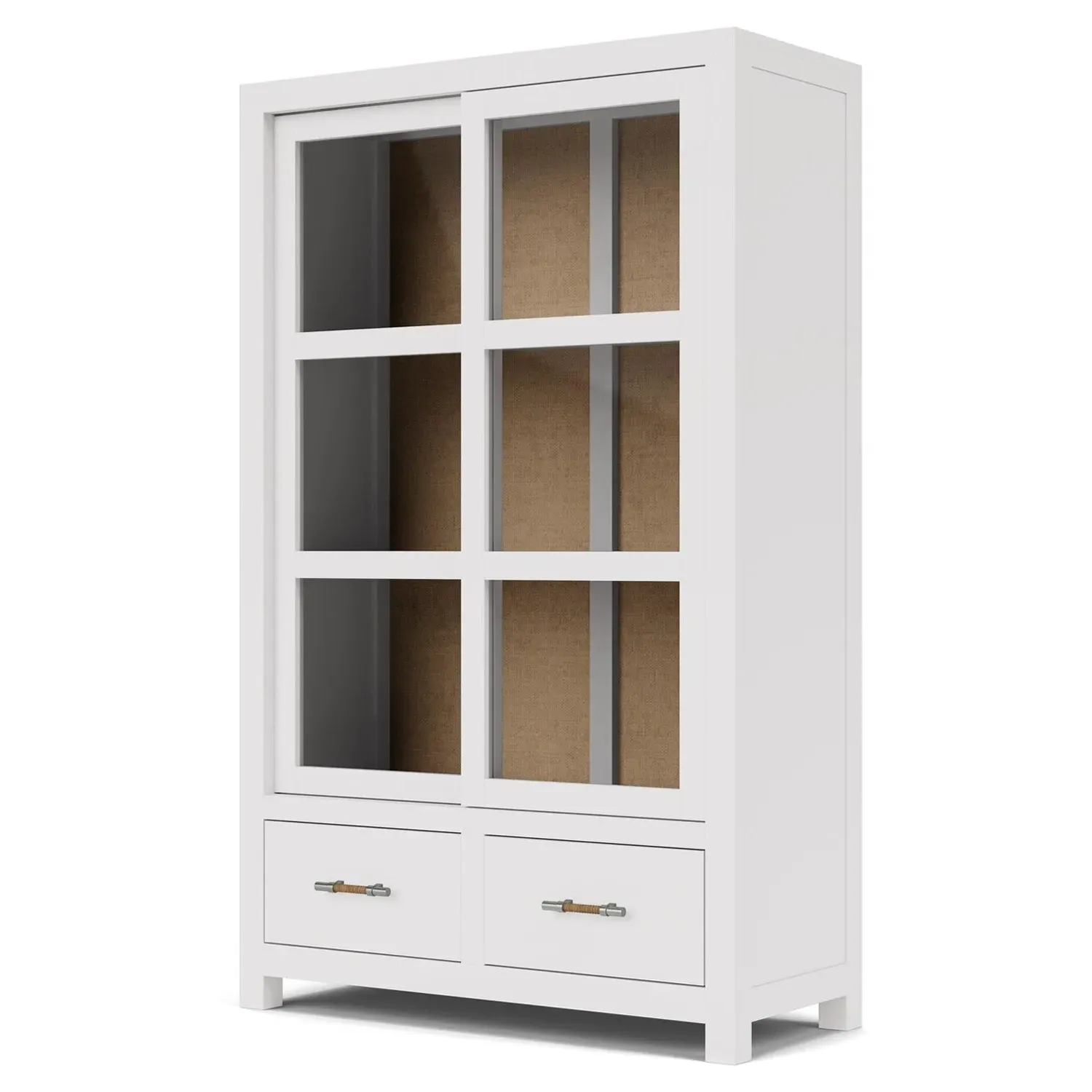 Riona Display Case with Rattan - White, Pine Wood