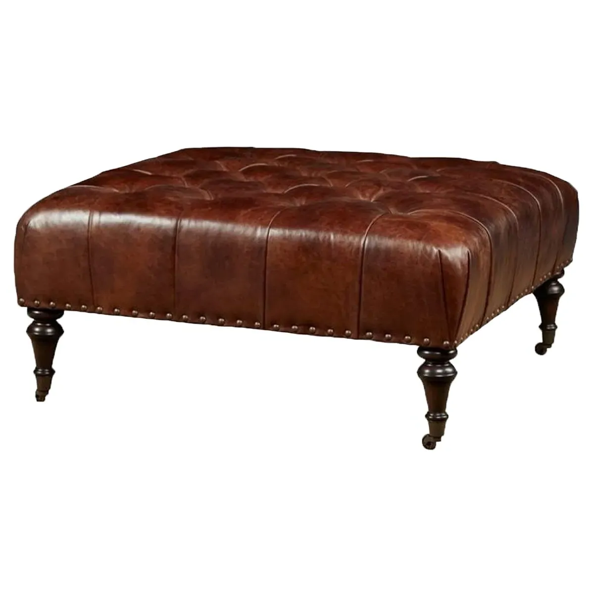Riona Square Cocktail Ottoman with Nailhead Trim - Brown, Leather image
