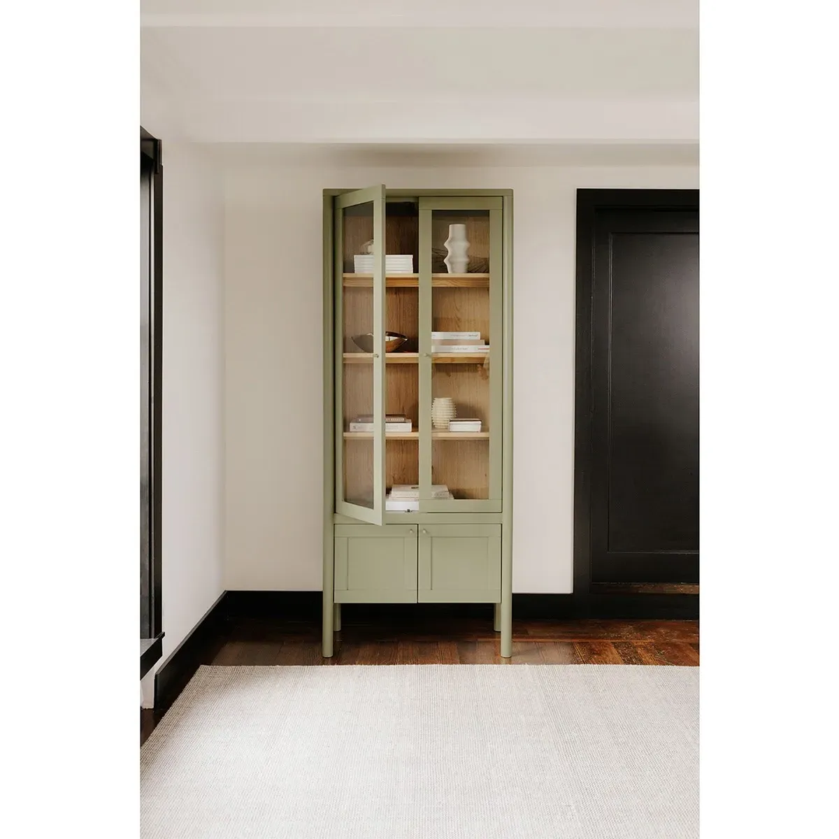 Riona Tall Display Cabinet - Green, Pine Wood