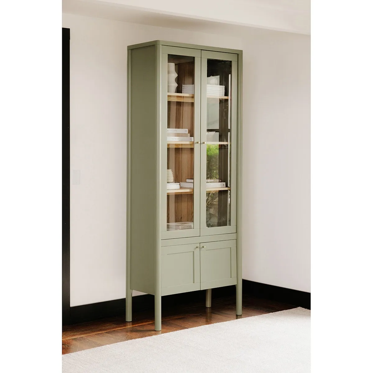 Riona Tall Display Cabinet - Green, Pine Wood