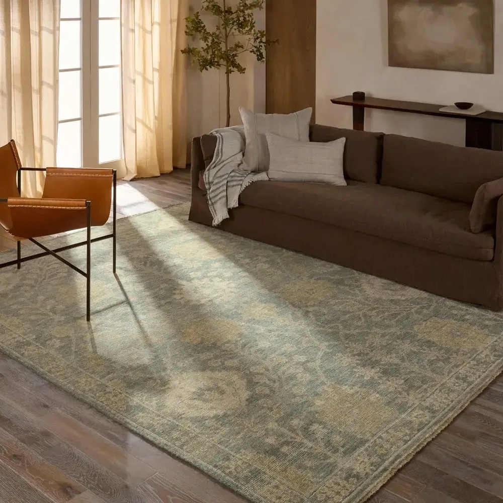 Romi Oushak Patterned Hand Knotted Rug Sample - Blue, Wool