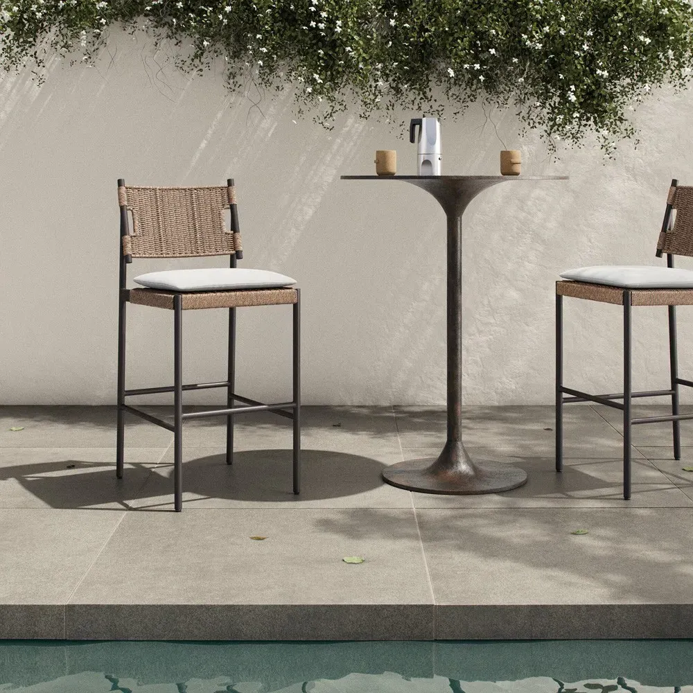 Rosalie Woven Wicker Outdoor Bar Stool - Black, Aluminum