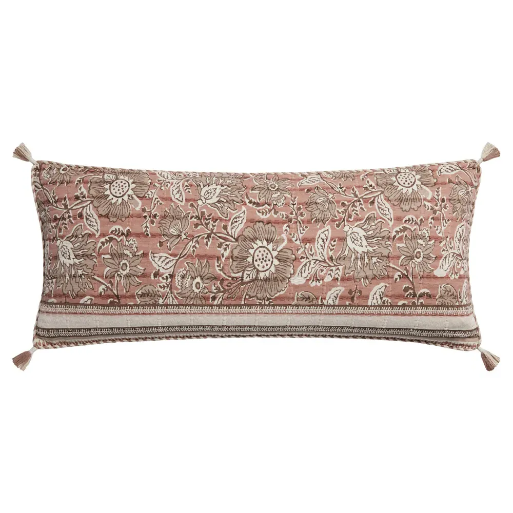 Rose Cotton Down Fill Floral Lumbar Pillow - Pink