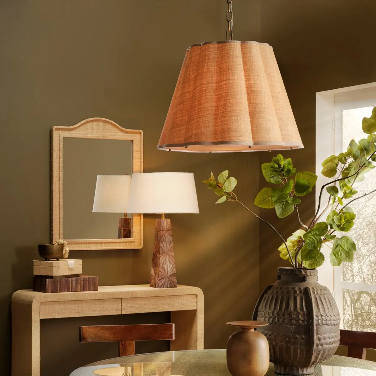 Rue Coastal Scalloped Single Pendant - Beige, Raffia