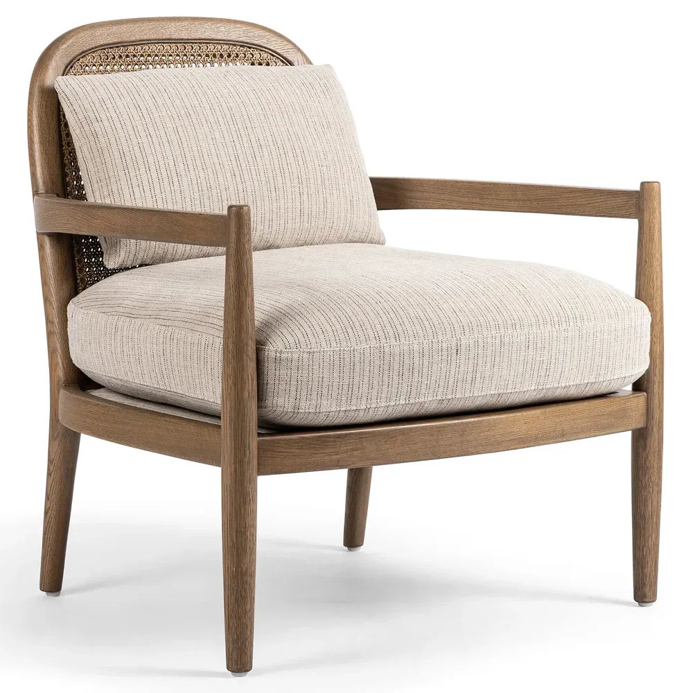 Sarah Coastal Beach Woven Cane Arm Chair - Beige Stripe, Oak