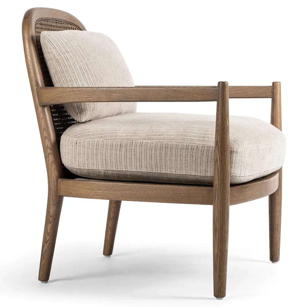 Sarah Coastal Beach Woven Cane Arm Chair - Beige Stripe, Oak