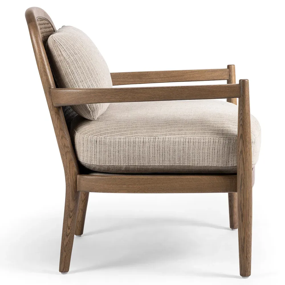 Sarah Coastal Beach Woven Cane Arm Chair - Beige Stripe, Oak
