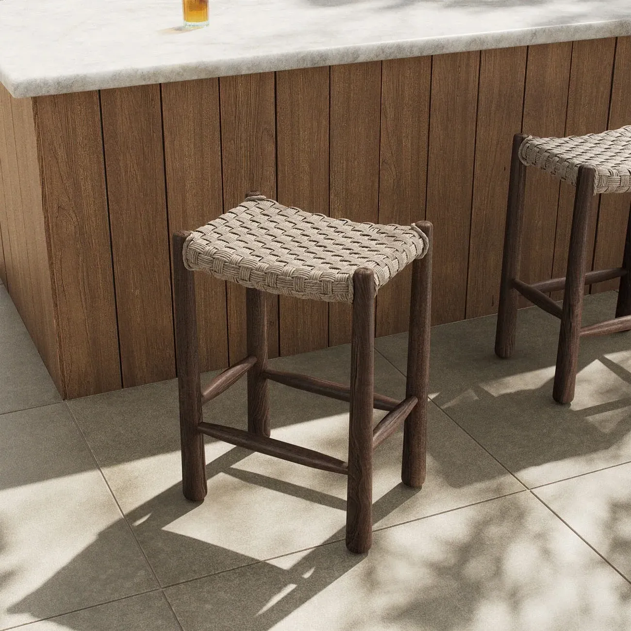 Savio Outdoor Counter Stool - White, Teak