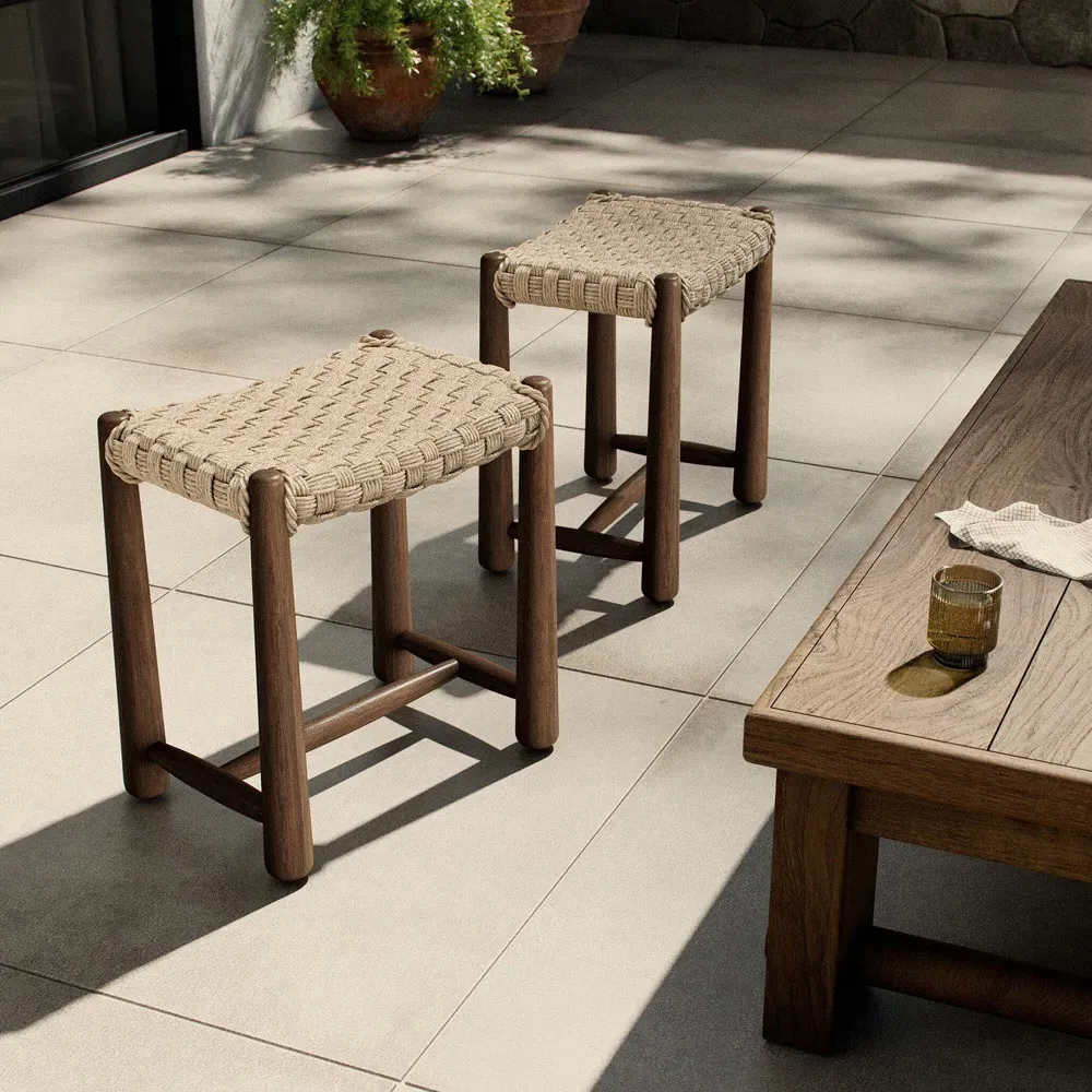 Savio Twisted Outdoor Accent Stool - Antique White, Teak