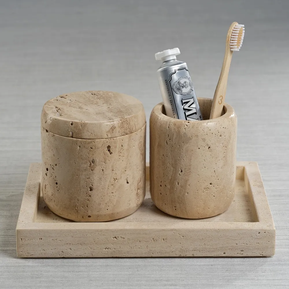 Selene Brush Holder - Beige, Travertine Marble