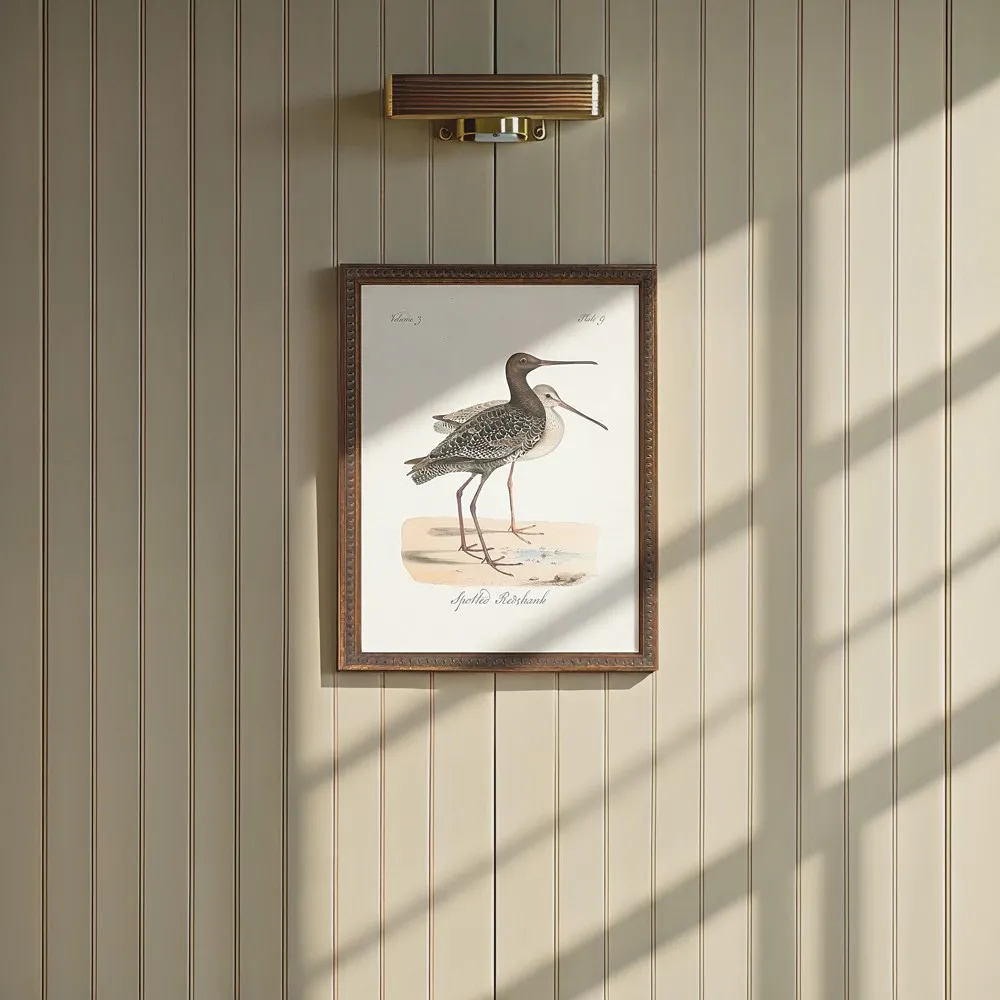Serein Redshank Bird Antique Gold Frame Painting - Brown