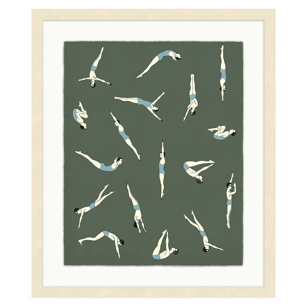 Serena Mid Century Diving Illustration Frame - Green, Wood image