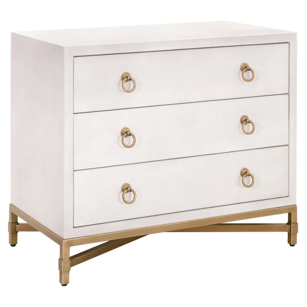 Simon 3 Drawer Nightstand - Pearl White, Faux Shagreen