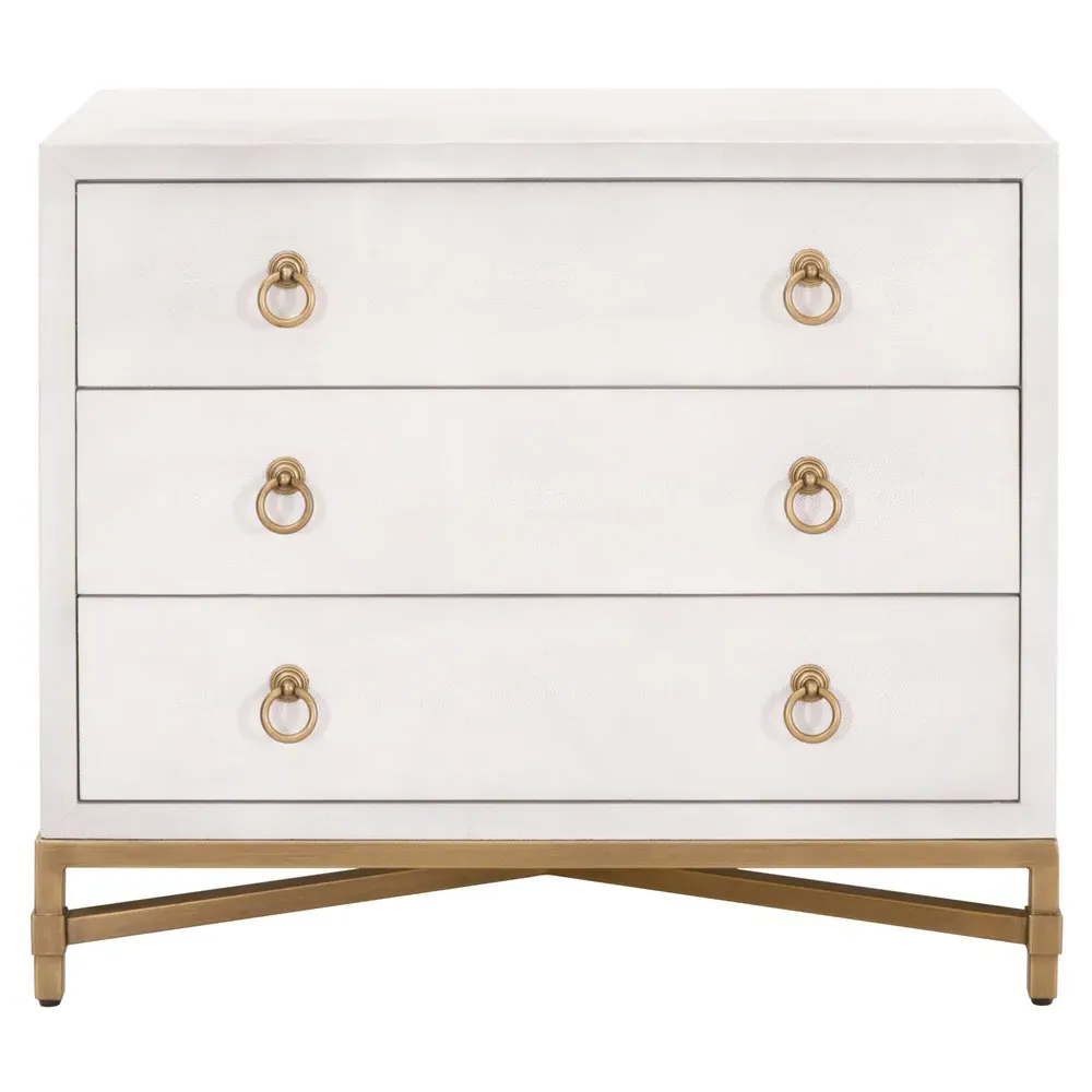 Simon 3 Drawer Nightstand - Pearl White, Faux Shagreen