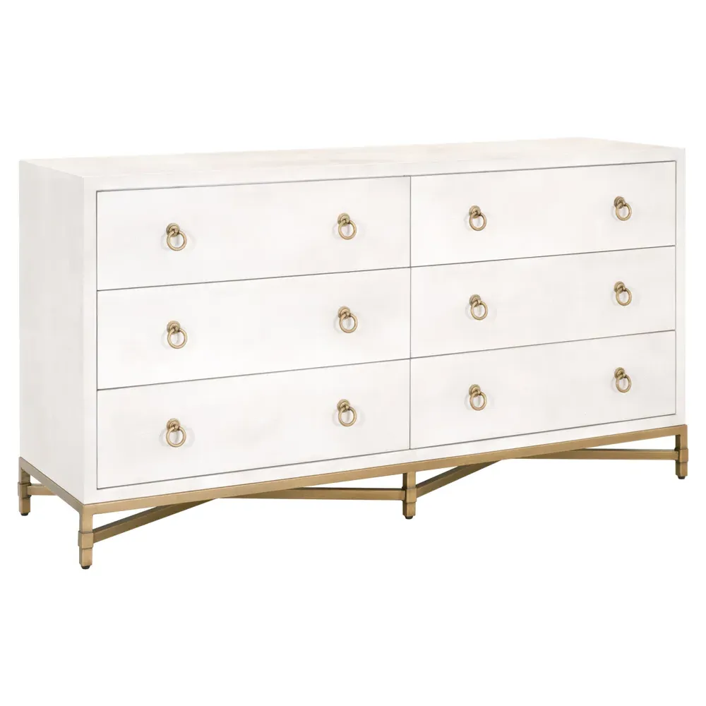 Simon 6 Drawer Double Dresser - Pearl White, Faux Shagreen