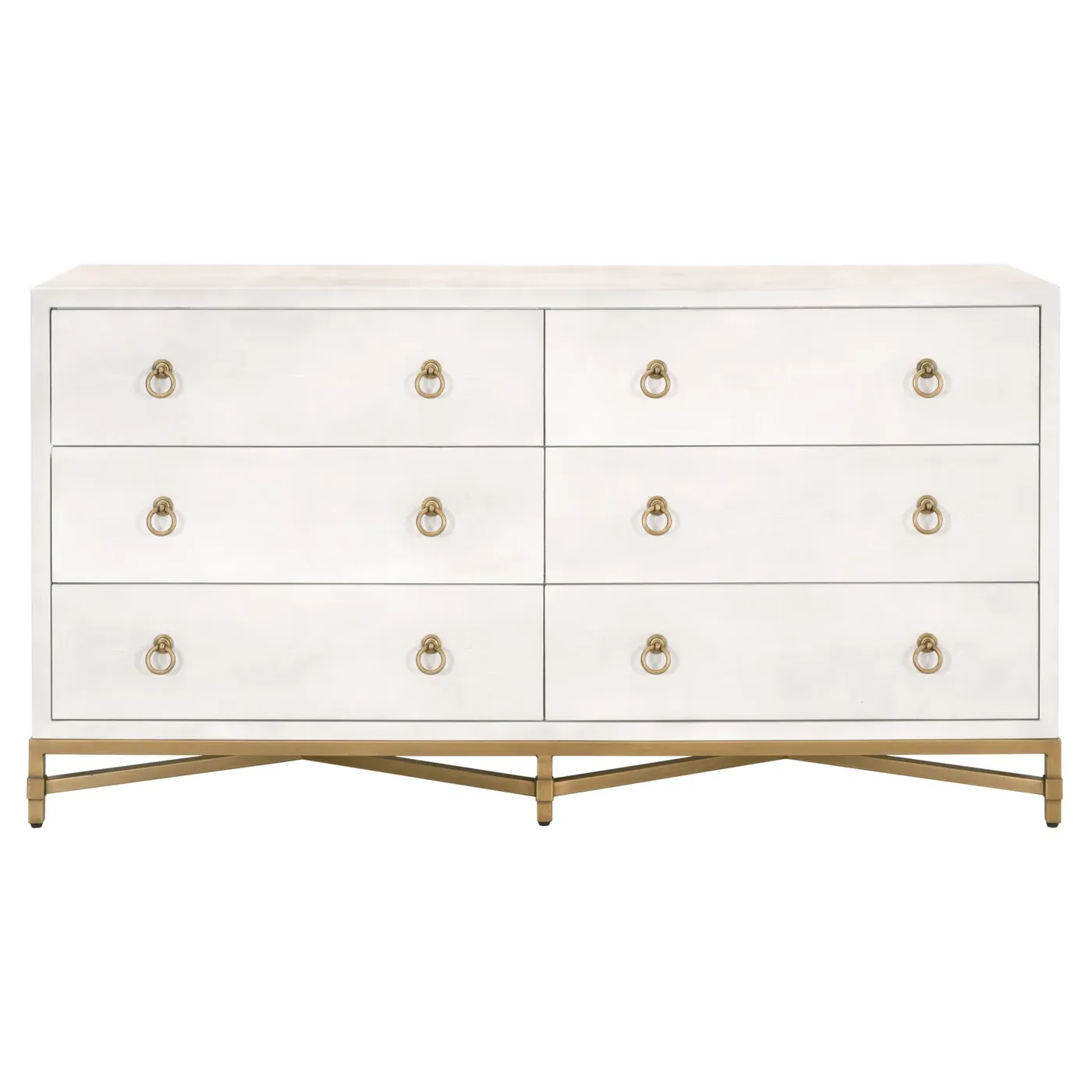Simon 6 Drawer Double Dresser - Pearl White, Faux Shagreen