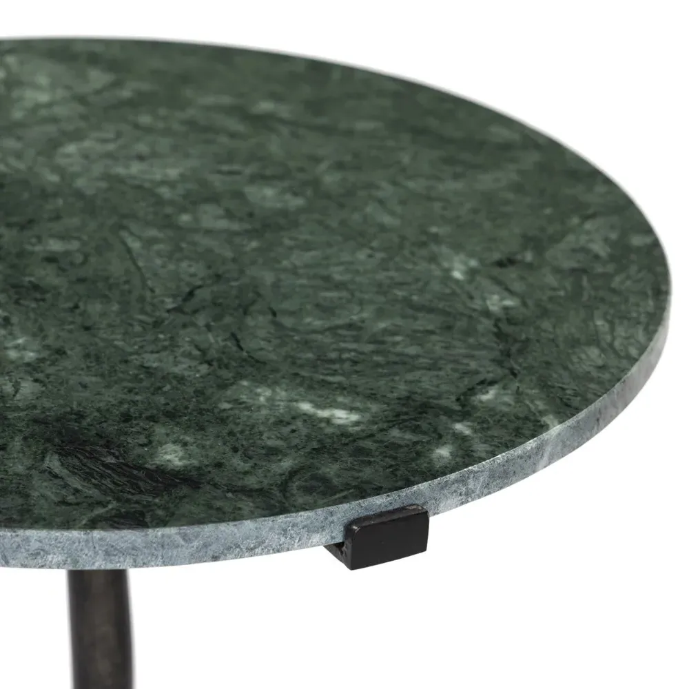 Soleil Round Pedestal End Table - Green Marble, Black Iron