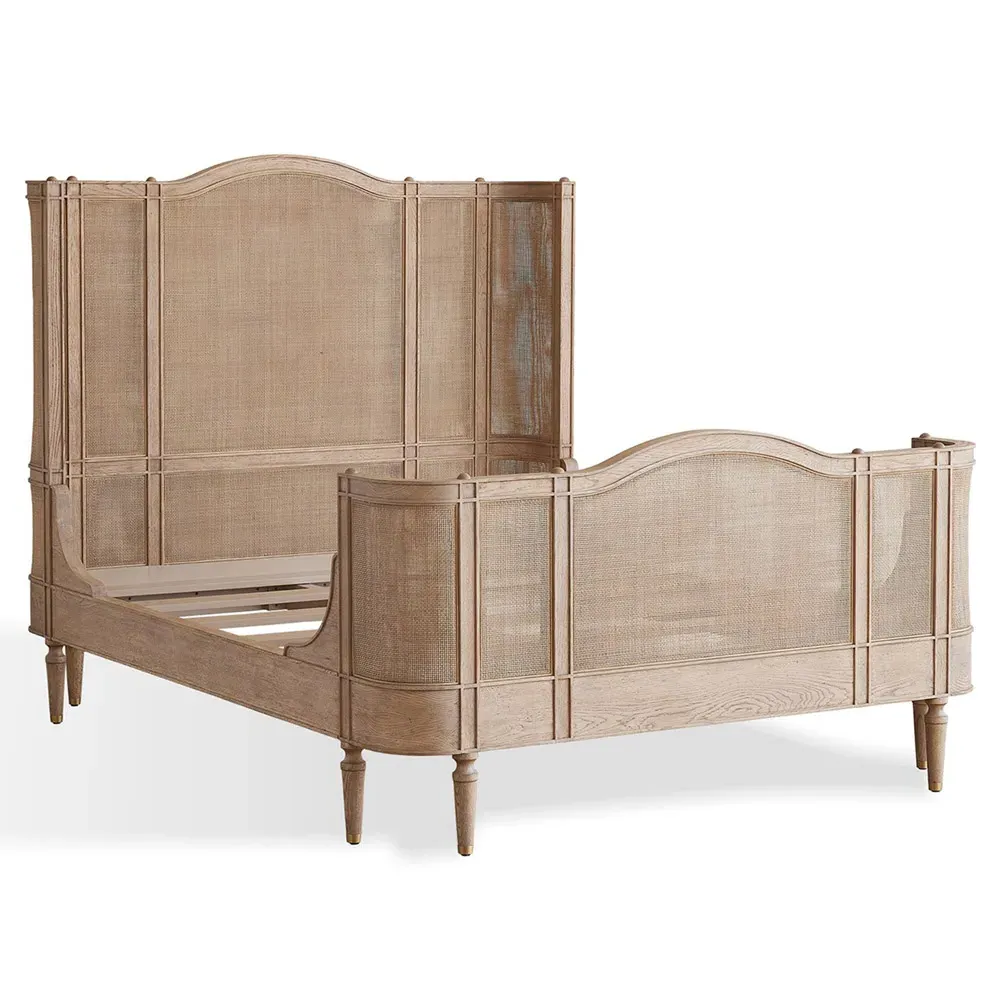 Solene King Size Bed with Woven Cane - Beige, Oak