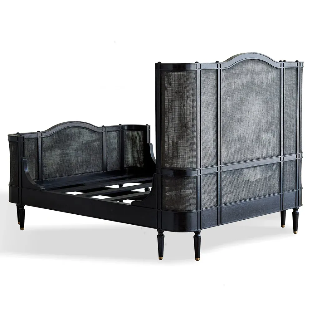 Solene King Size Bed with Woven Cane - Black, Oak