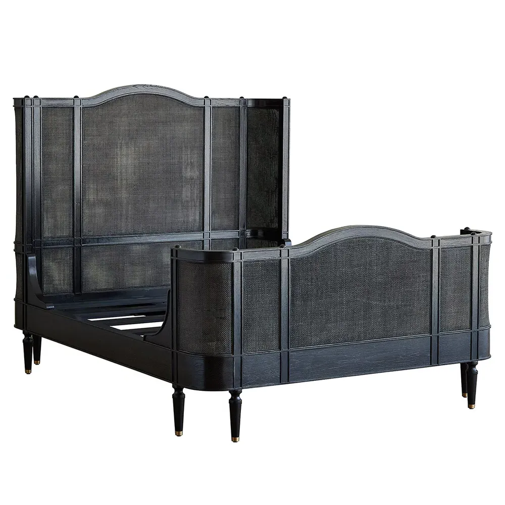 Solene Queen Size Bed with Woven Cane - Black, Oak