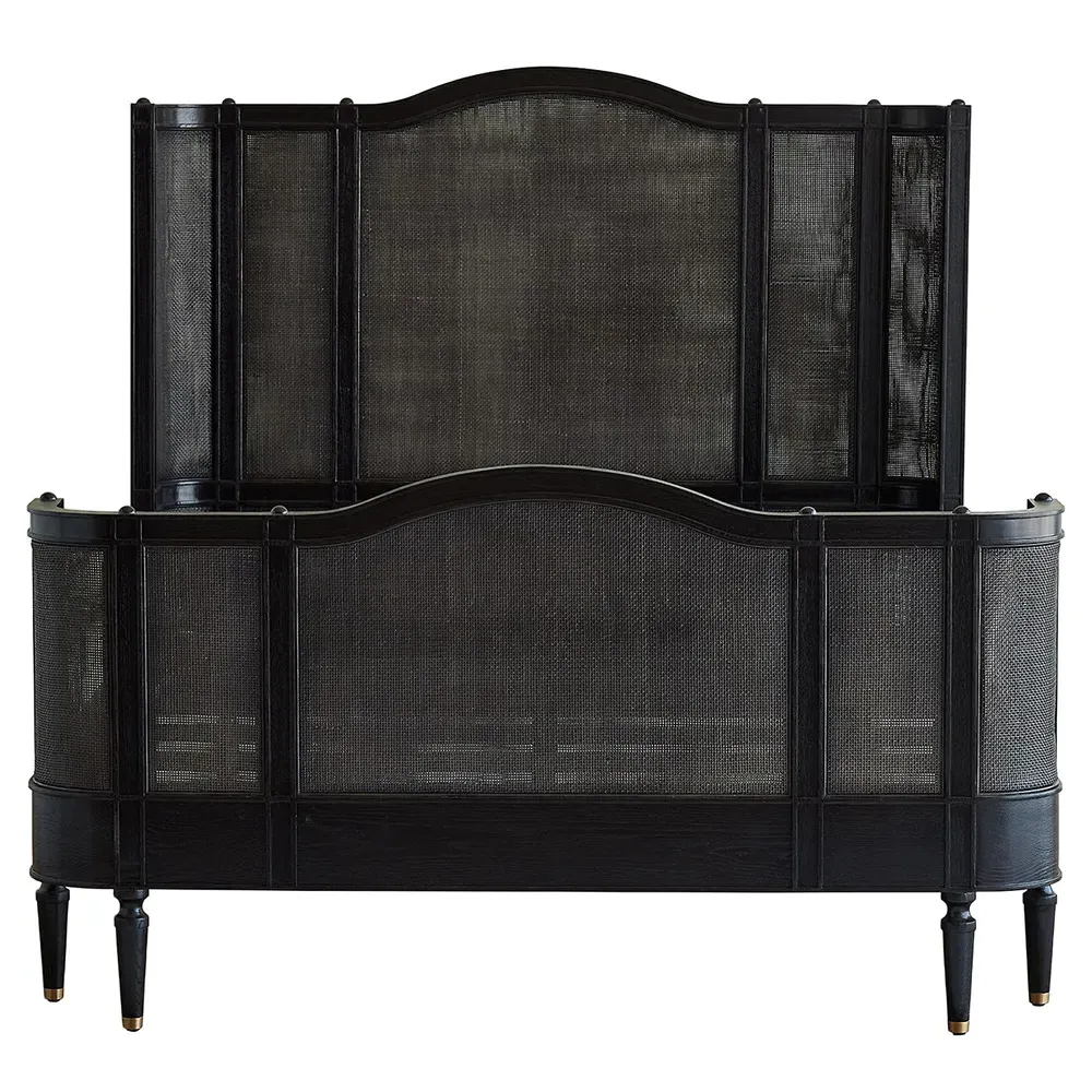 Solene Queen Size Bed with Woven Cane - Black, Oak