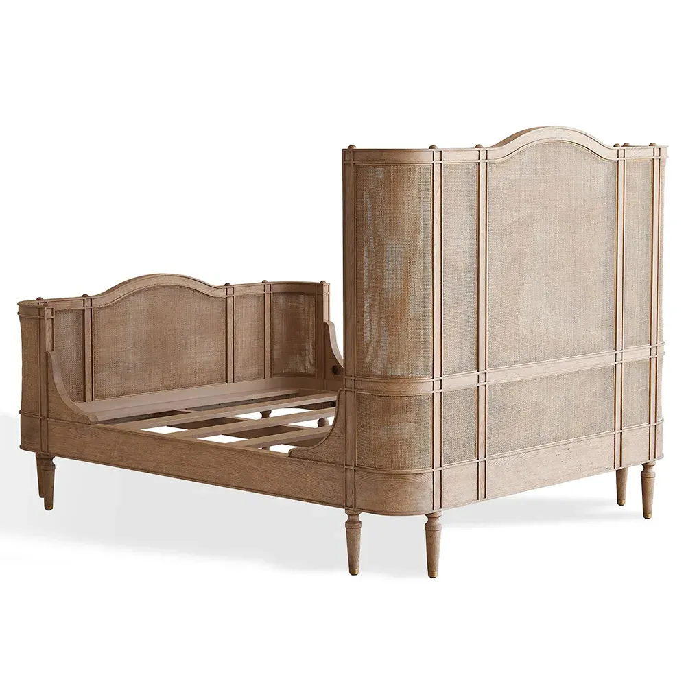 Solene Queen Size Bed with Woven Cane - Bleached Oak