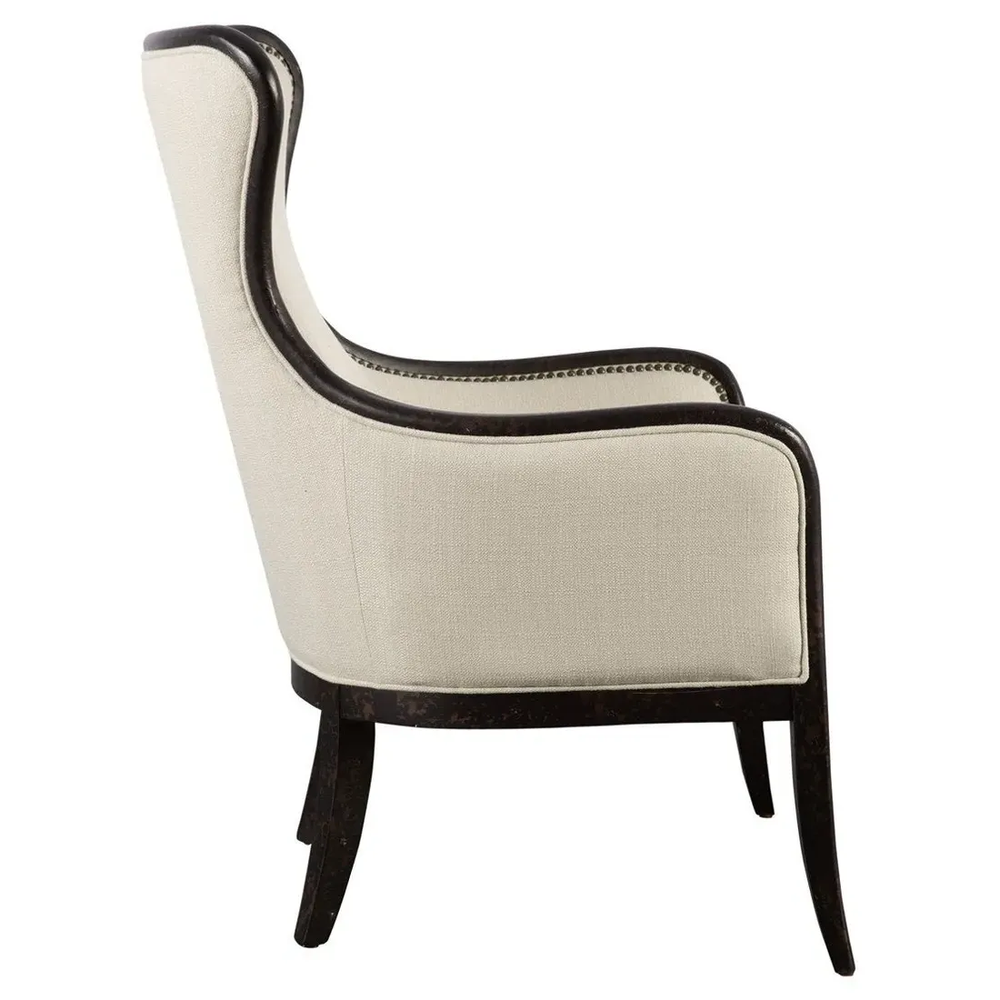 Sophia Wing Chair with Nailhead Trim - Beige, Solid Wood