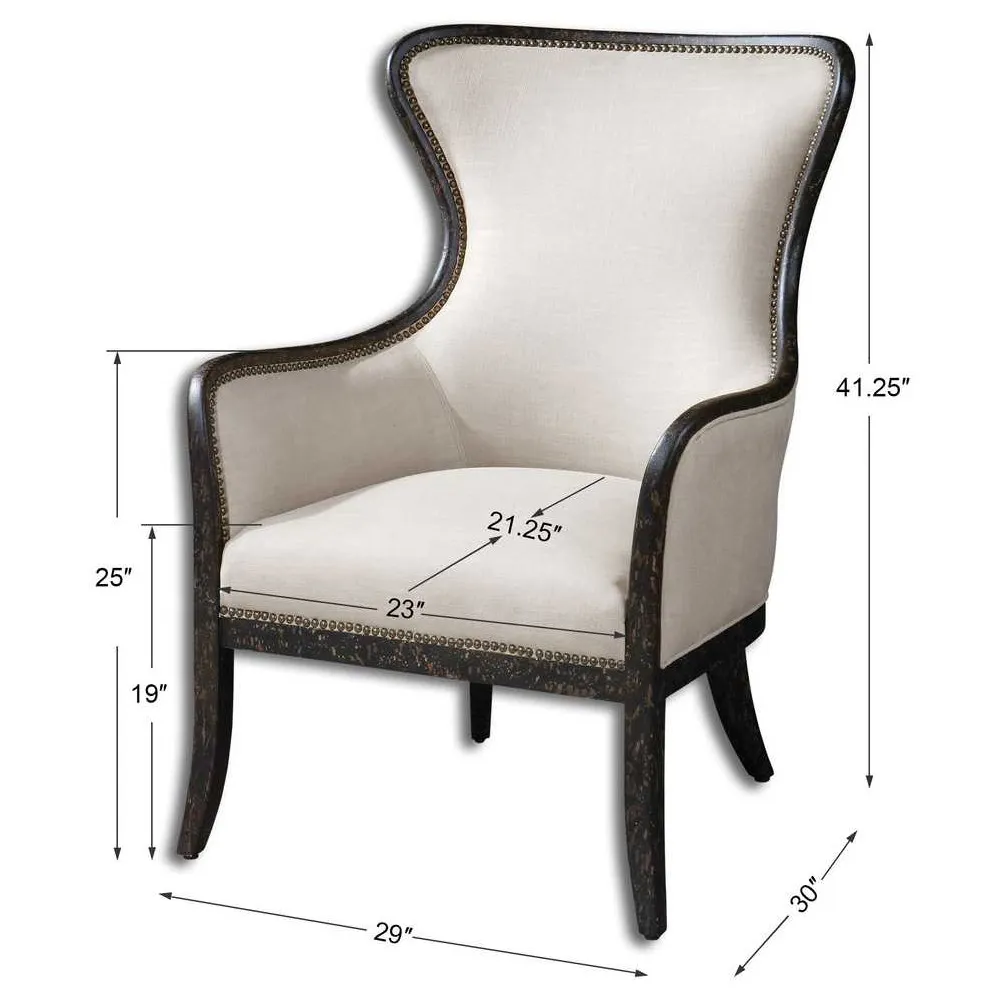 Sophia Wing Chair with Nailhead Trim - Beige, Solid Wood