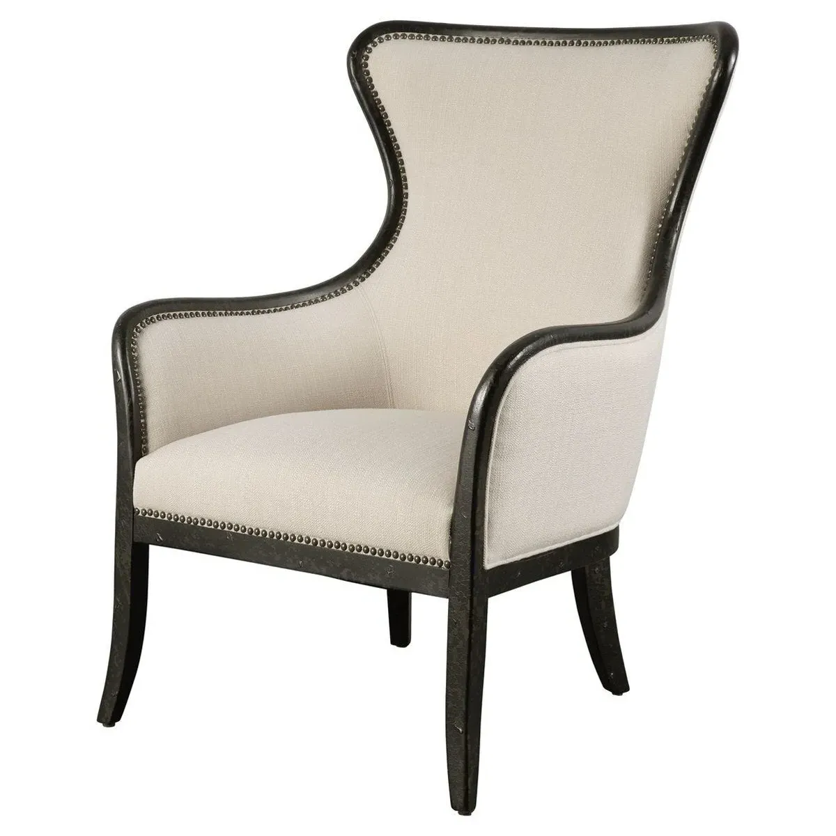 Sophia Wing Chair with Nailhead Trim - Beige, Solid Wood