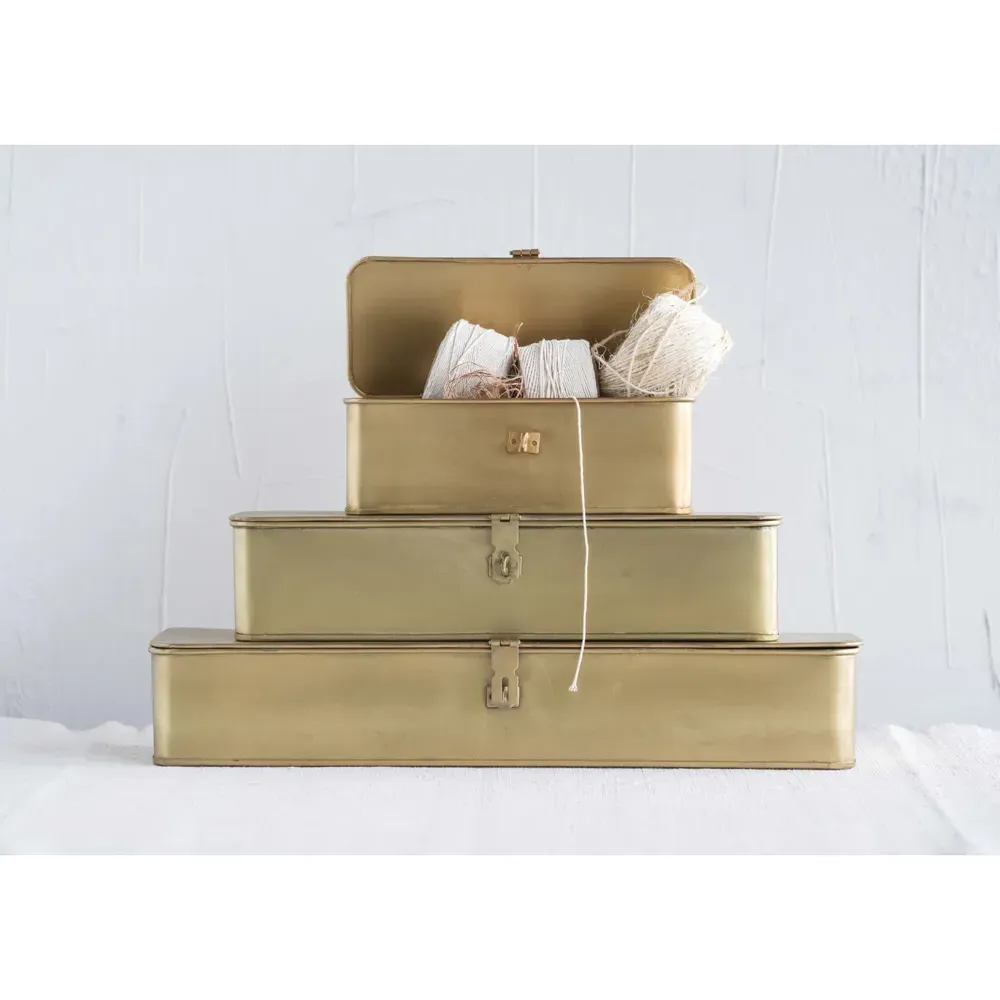 Staten Rectangular Decorative Box Set of 3 - Gold, Iron