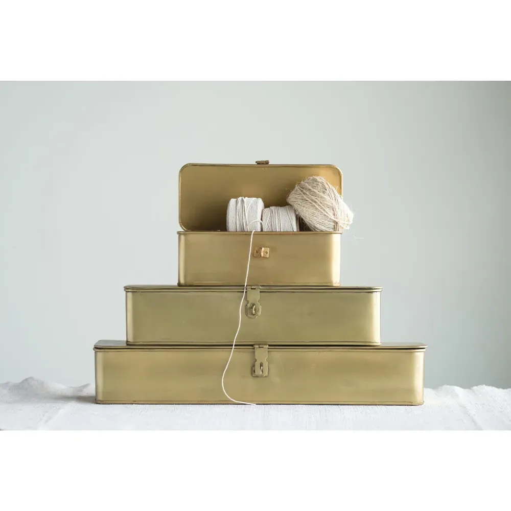 Staten Rectangular Decorative Box Set of 3 - Gold, Iron