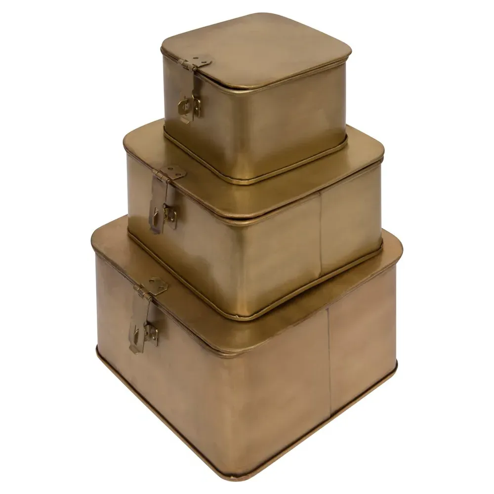 Staten Square Decorative Box Set of 3 - Gold, Iron