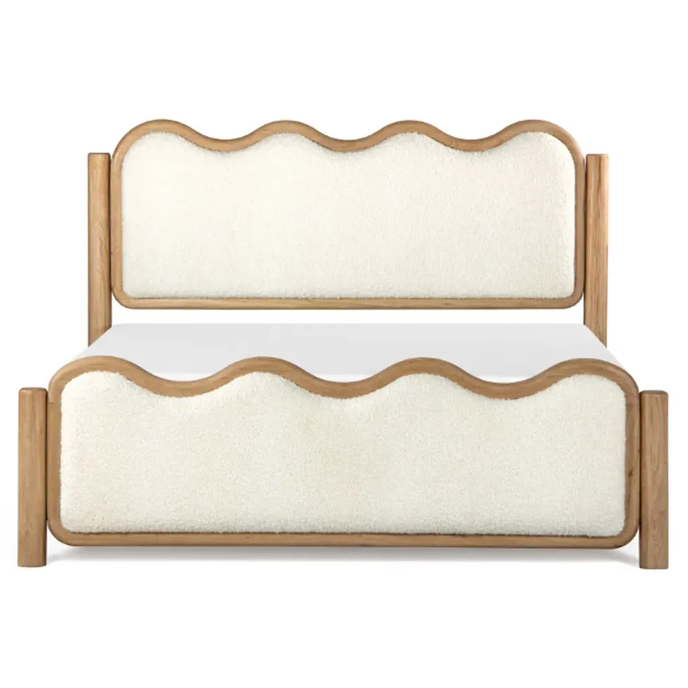 Stella Queen Size Wavy Bed - Cream, Oak