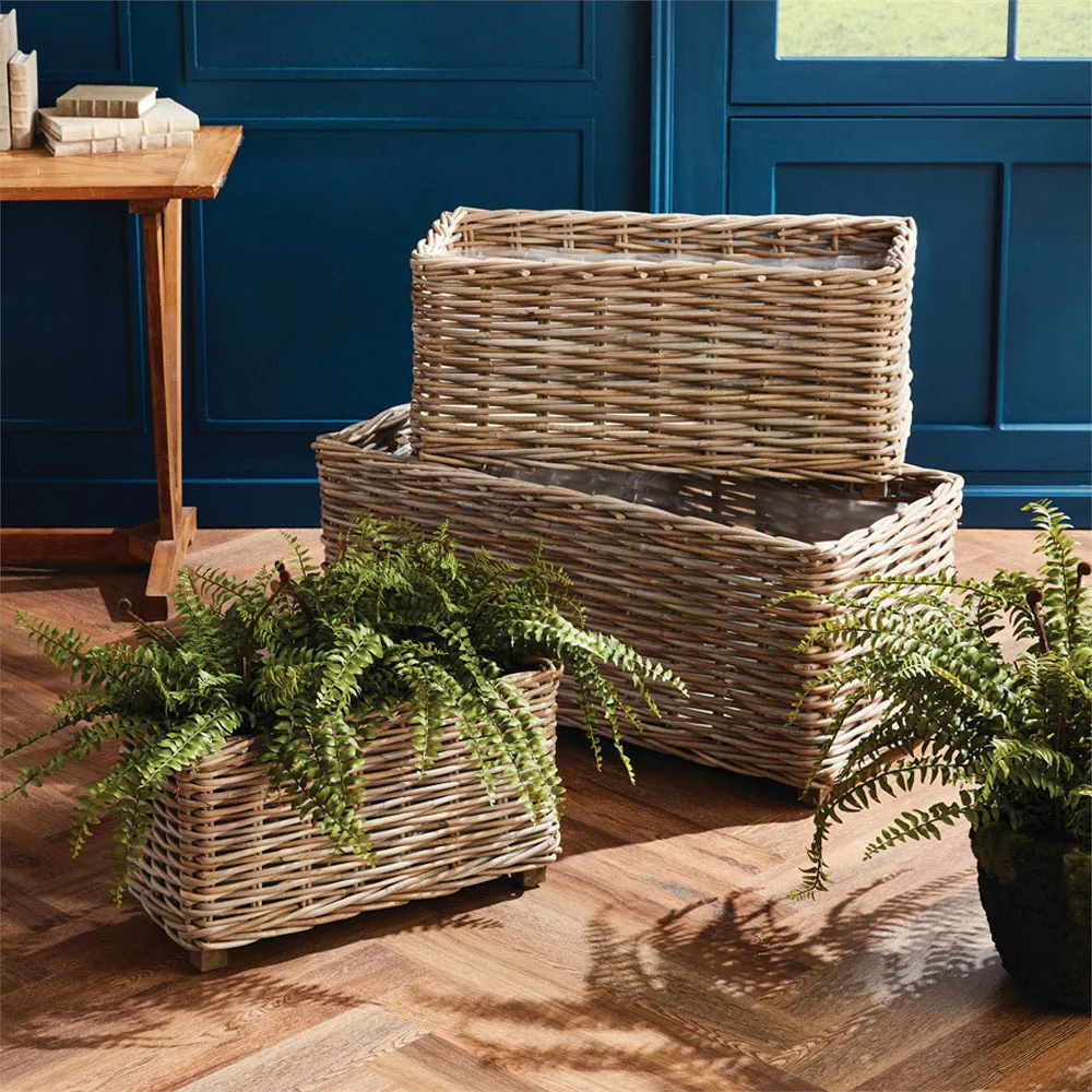 Stella Rectangular Planter Box Set of 3 - Grey, Rattan