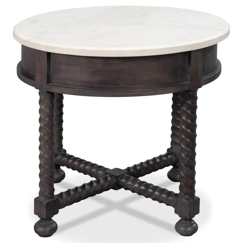 Stella Round Spindle Side Table - White, Marble