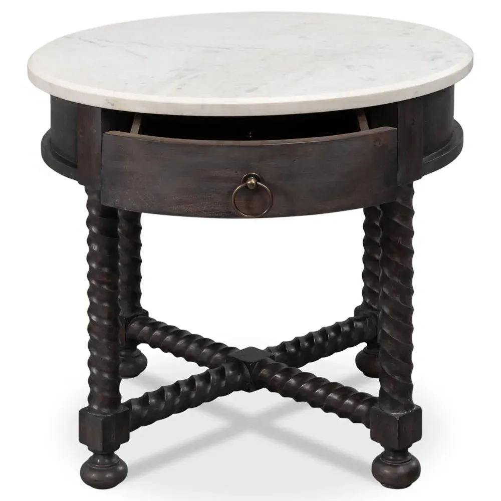 Stella Round Spindle Side Table - White, Marble