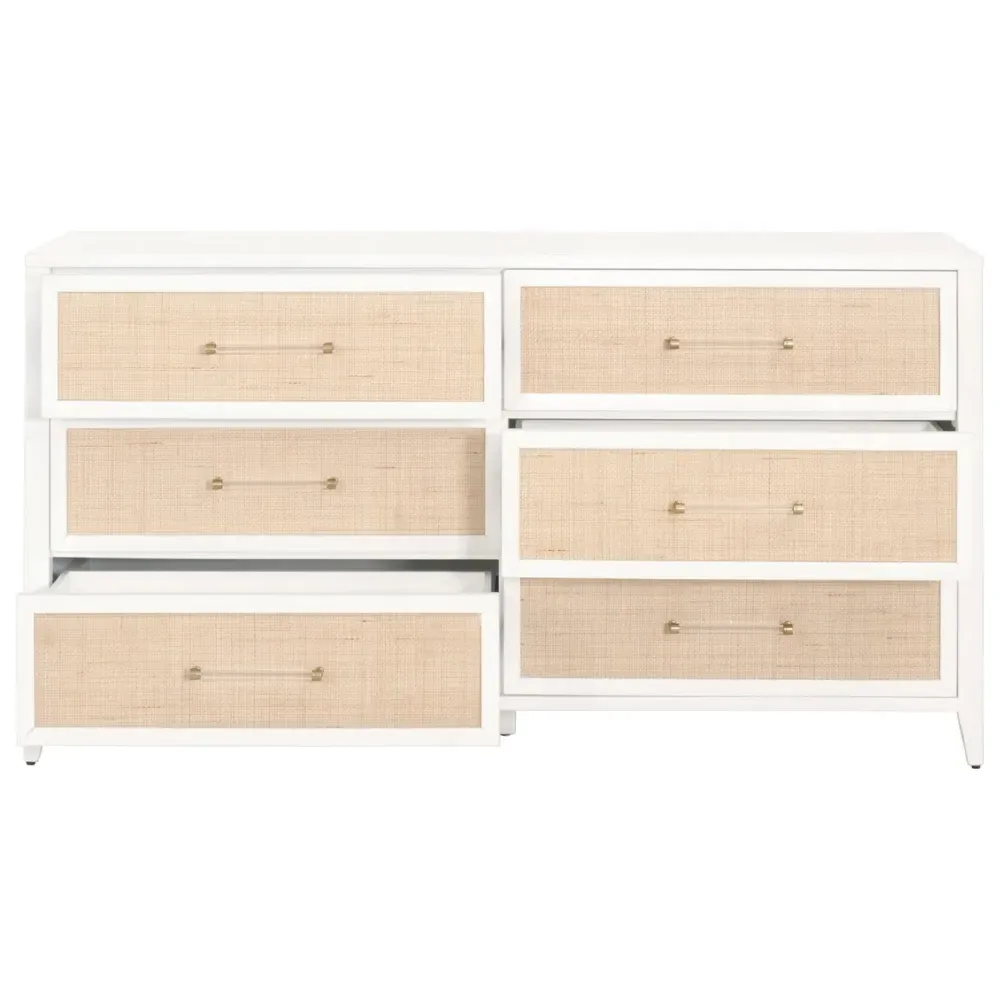Steven 6 Drawer Dresser - White, Rattan