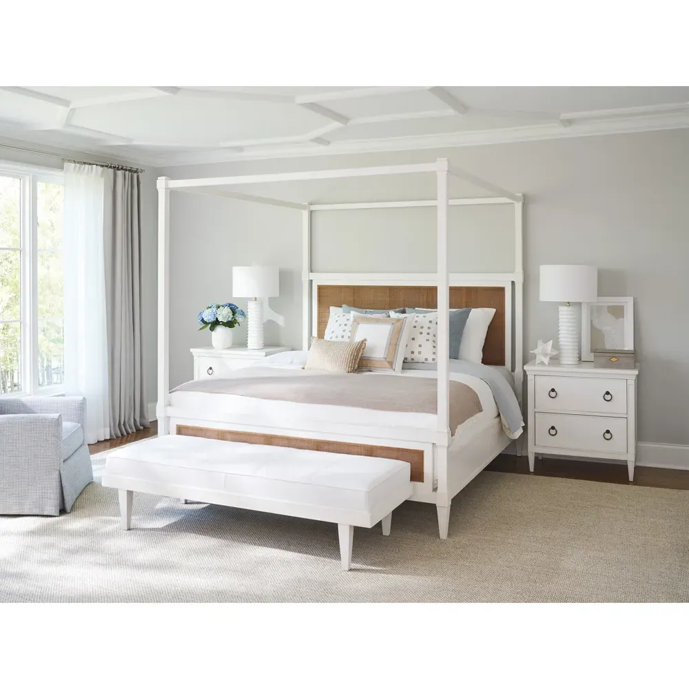 Strand King Size Canopy Bed - White, Woven Cane