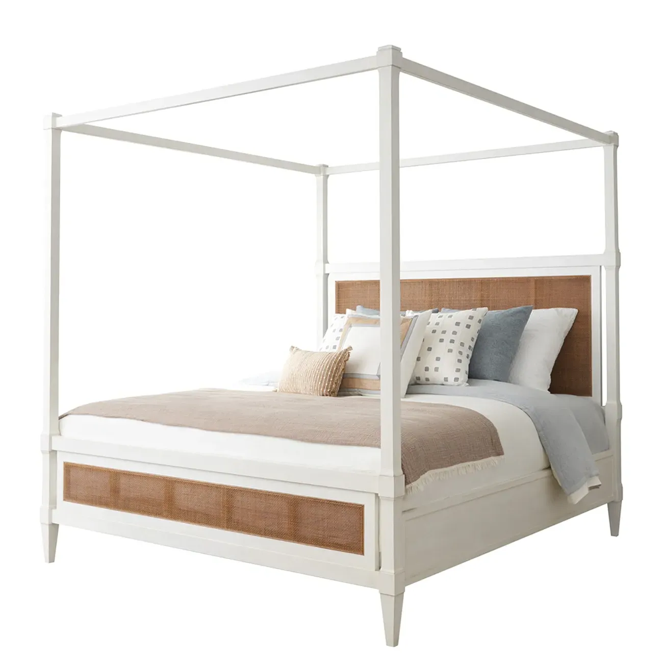 Strand Queen Size Canopy Bed - White, Woven Cane