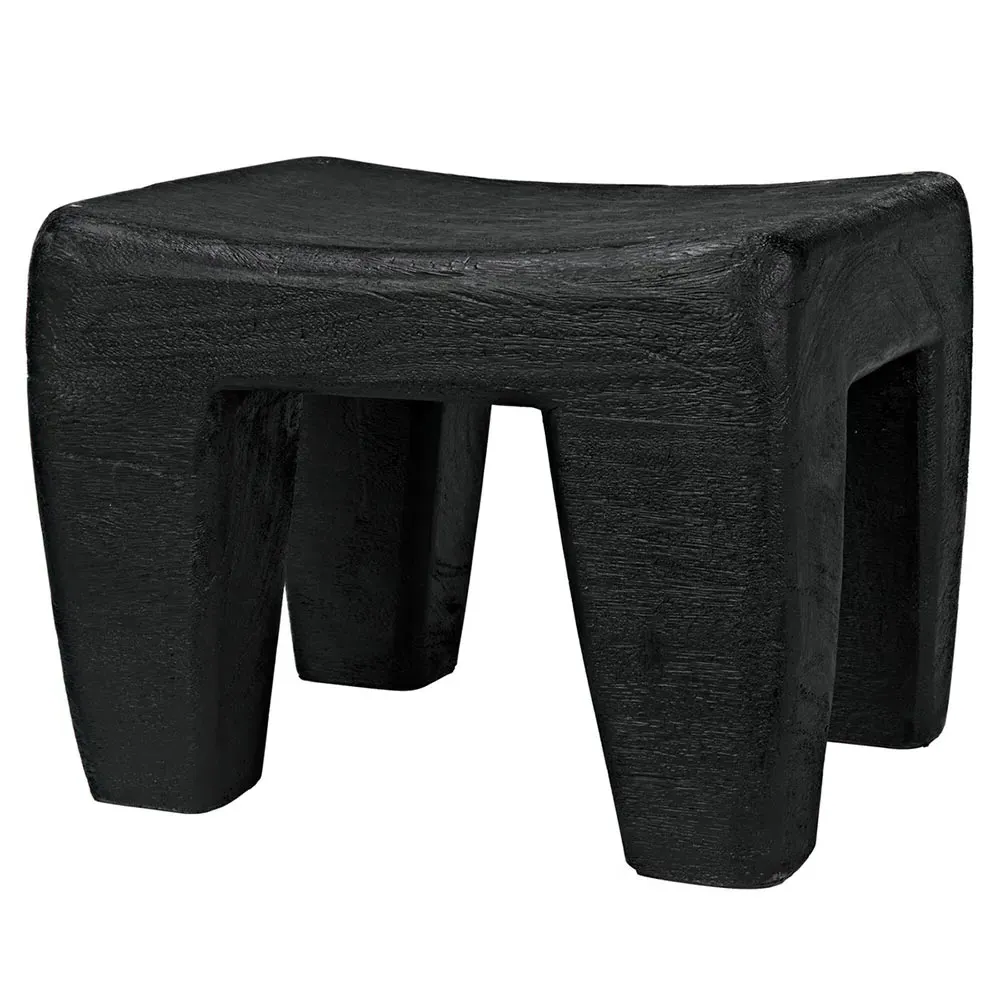 Sylas Handcarved Rectangular Stool - Black, Wood
