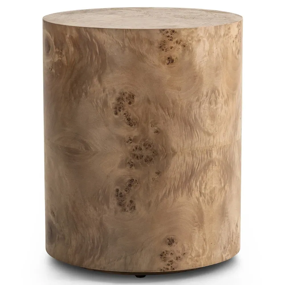Syra Round Drum End Table - Brown, Poplar Burl