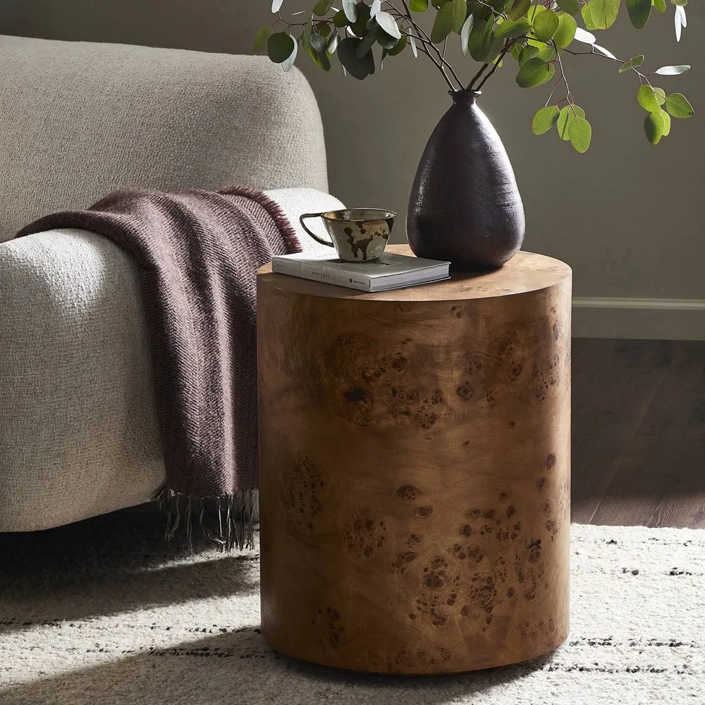 Syra Round Drum End Table - Brown, Poplar Burl