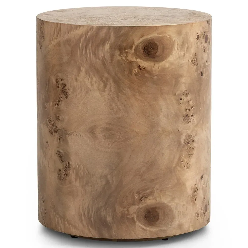 Syra Round Drum End Table - Brown, Poplar Burl