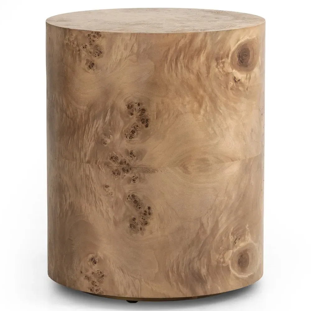 Syra Round Drum End Table - Brown, Poplar Burl