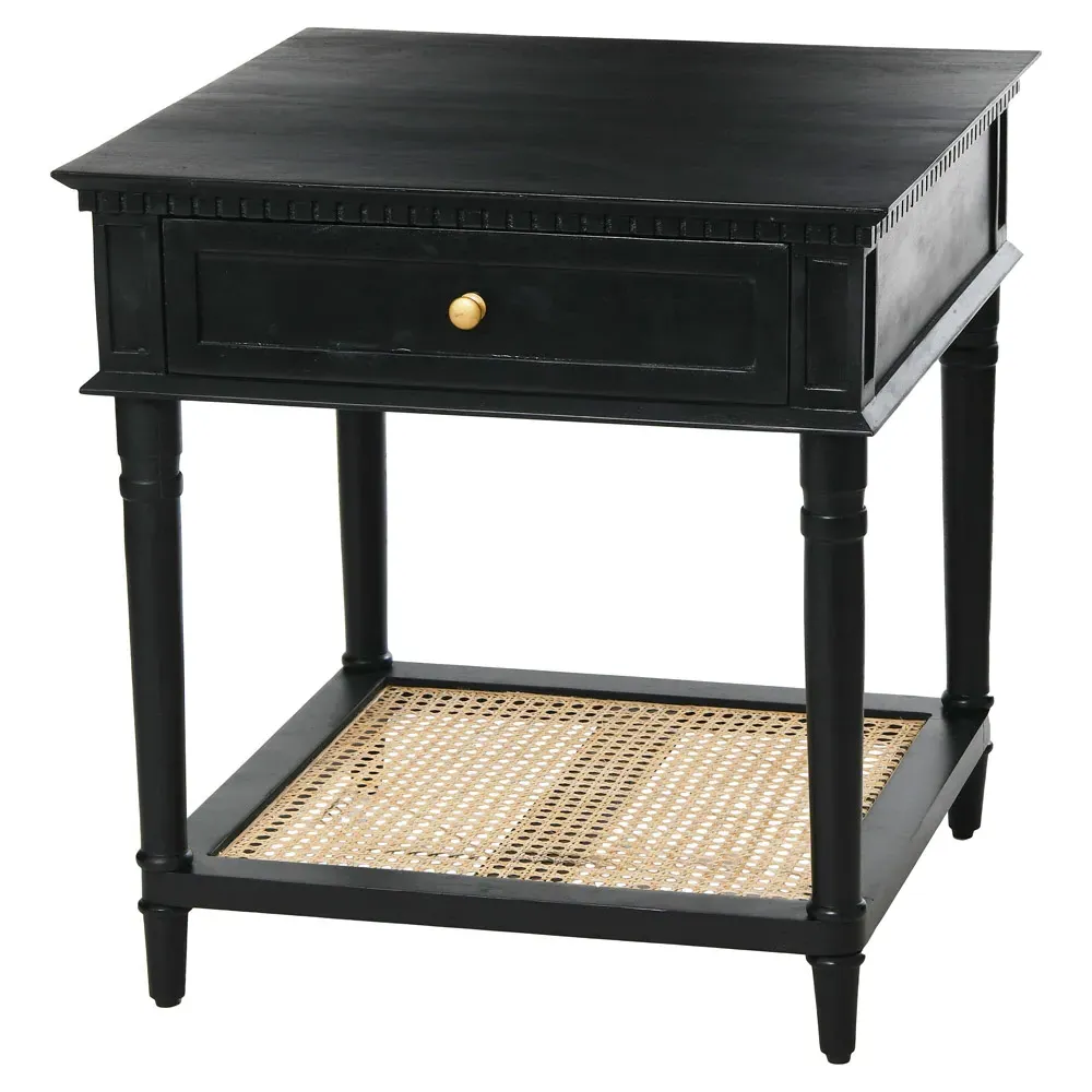 Talia Woven Cane Side Table - Black, Acacia Wood