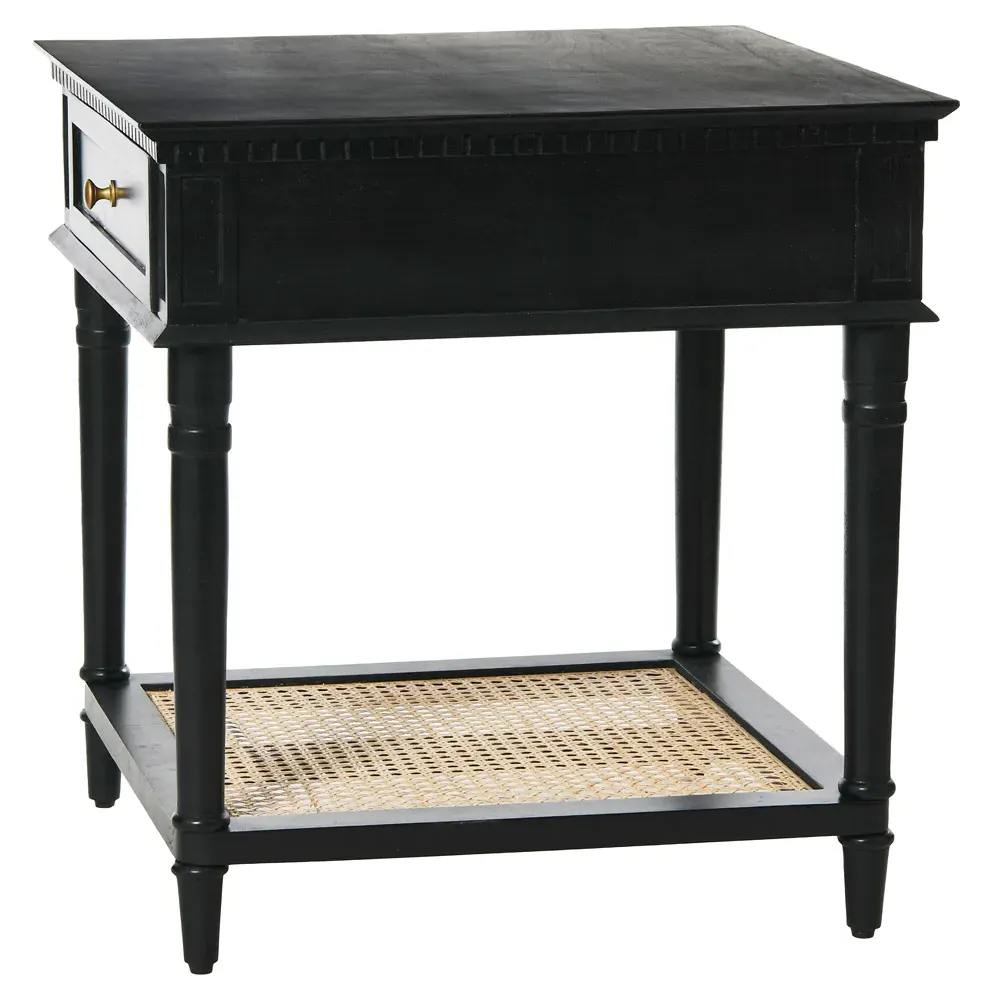 Talia Woven Cane Side Table - Black, Acacia Wood