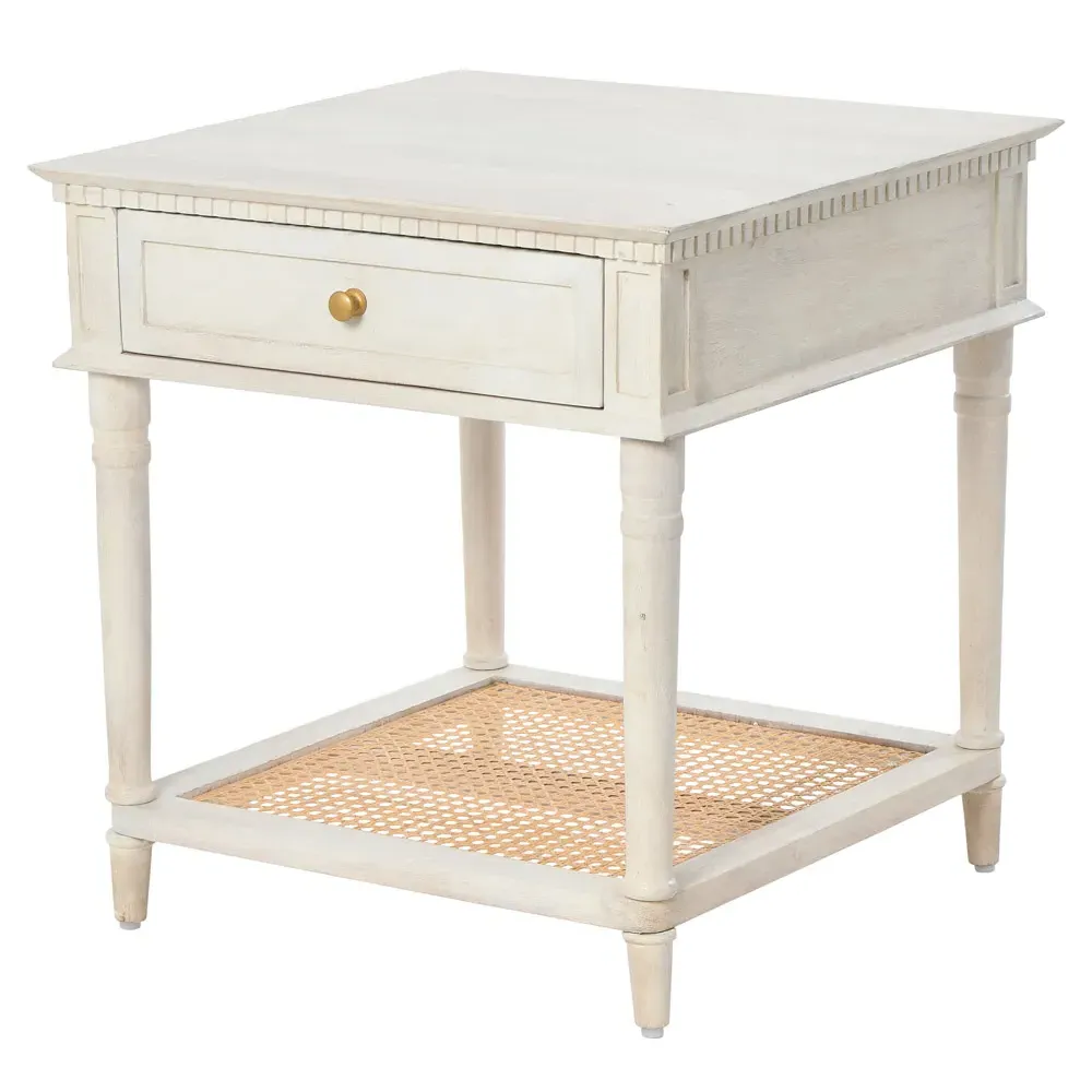 Talia Woven Cane Side Table - White, Acacia Wood