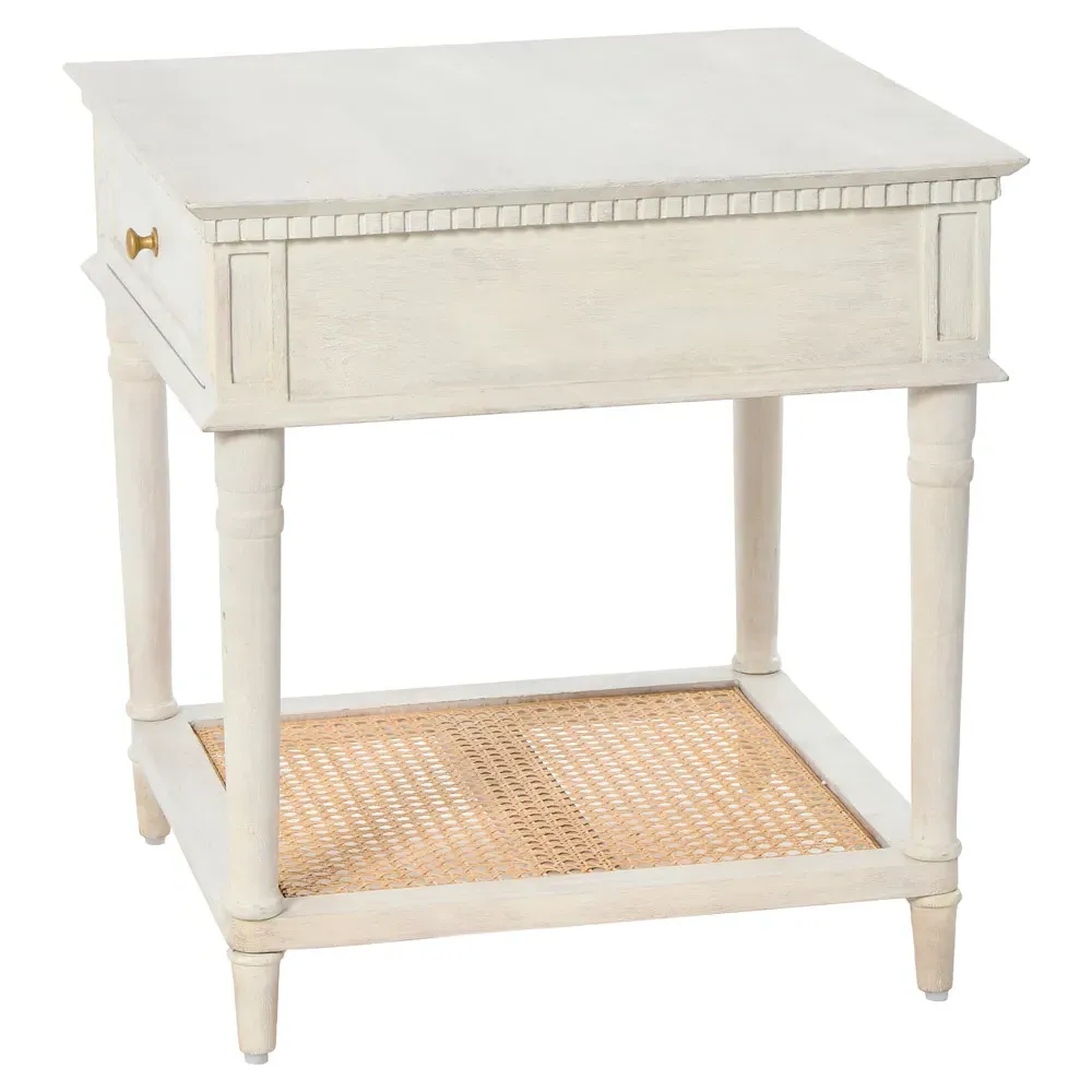Talia Woven Cane Side Table - White, Acacia Wood