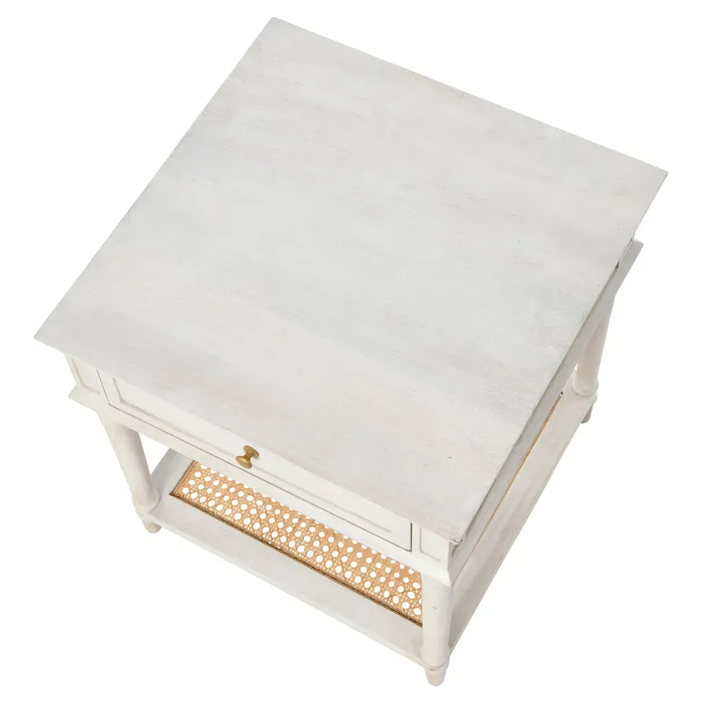 Talia Woven Cane Side Table - White, Acacia Wood
