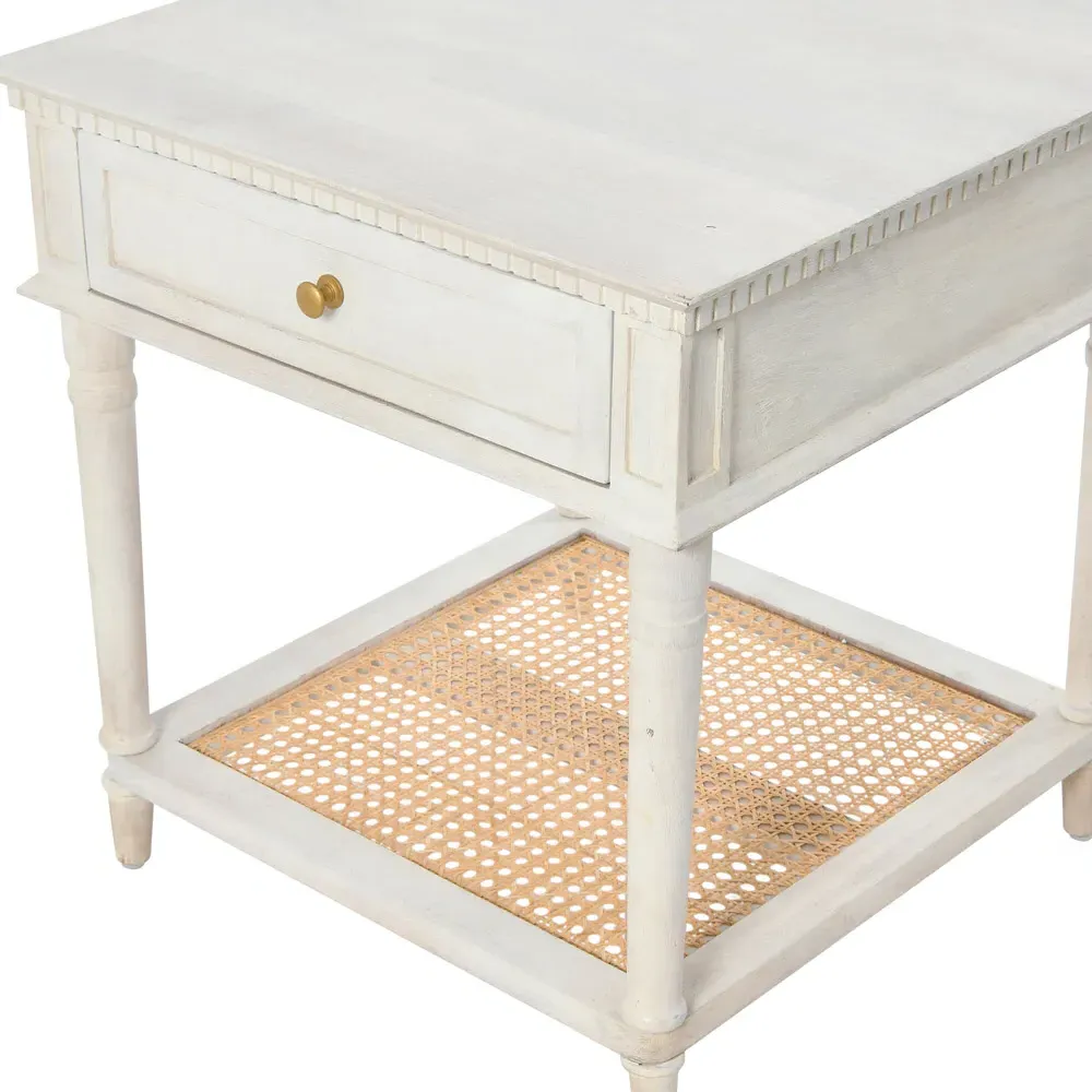 Talia Woven Cane Side Table - White, Acacia Wood